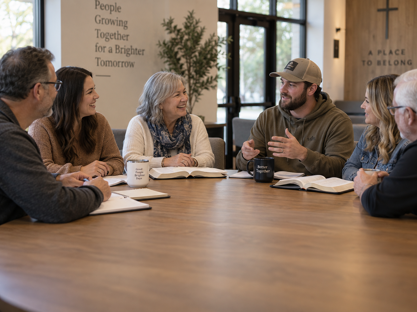Adults of mixed ages around a table with open Bibles, mid-discussion in a church small group