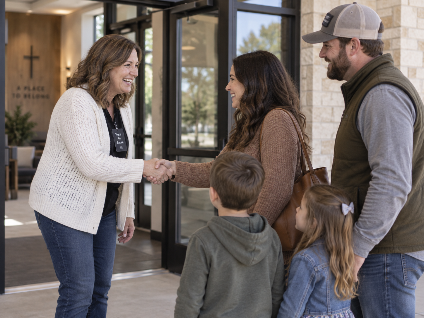 A church greeter shaking hands with a visiting family of four at the entrance doors