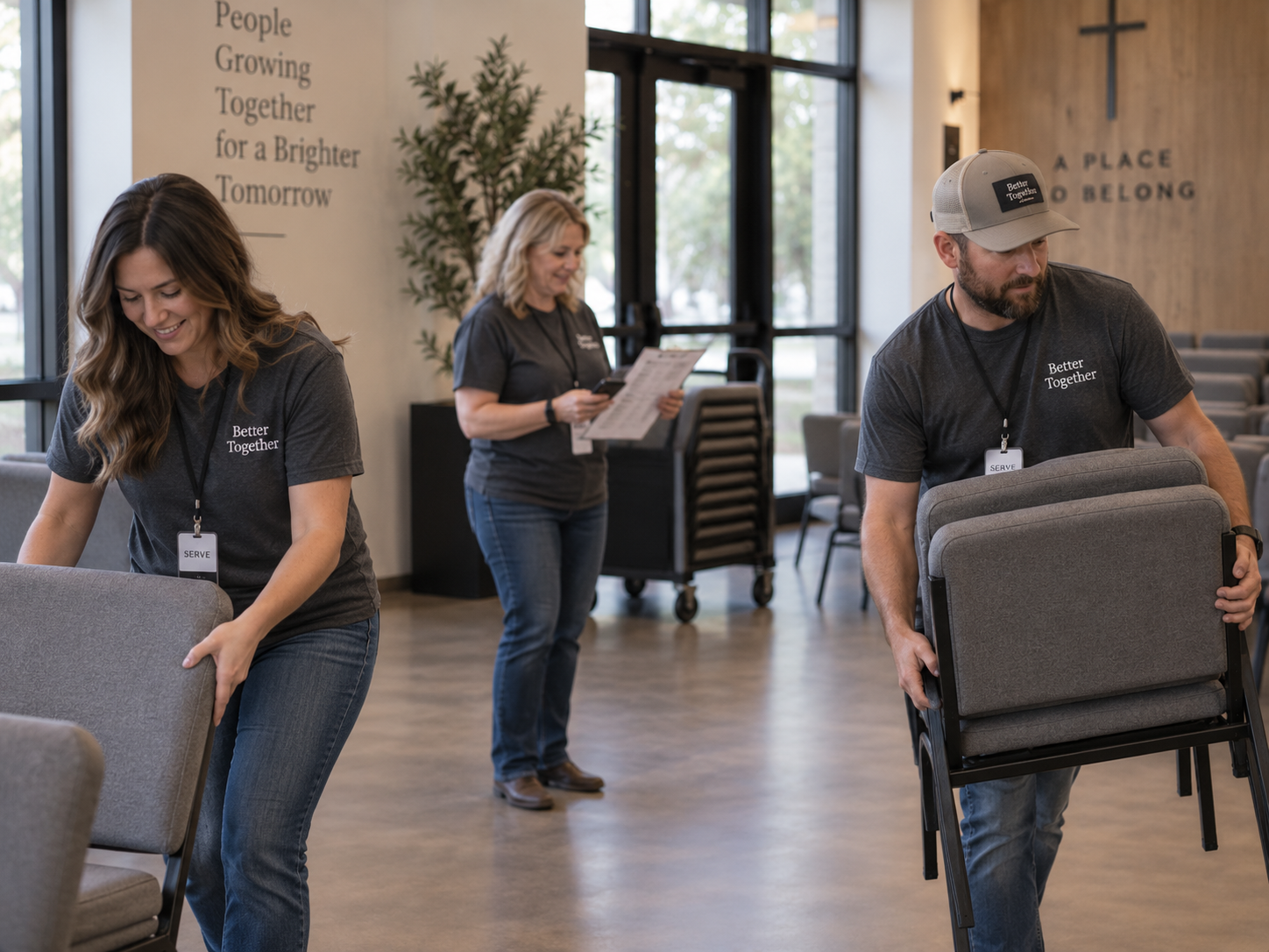 Church volunteers in matching shirts setting up chairs before a service, one checking the schedule on her phone